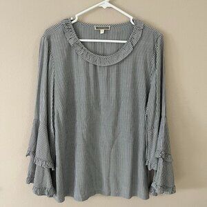 Pleione Anthropologie Women's L Grey Striped Double Ruffled Sleeve Top Blouse